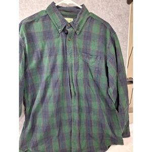 LL Bean Mens Green Blue Plaid Flannel Shirt Long Sleeve Button Down Large Reg